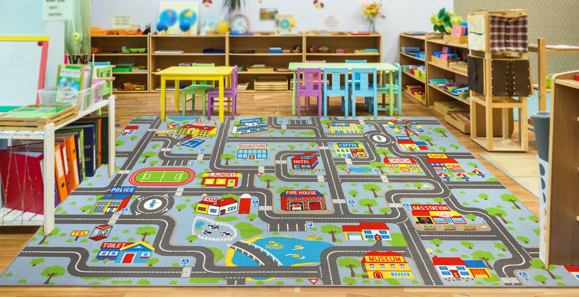 Capslpad Sky Blue Car Road Kid Rug Carpet Playmat for Playoom Traffic Road Kids Play Mat for Toddler Non Slip Washable City Map